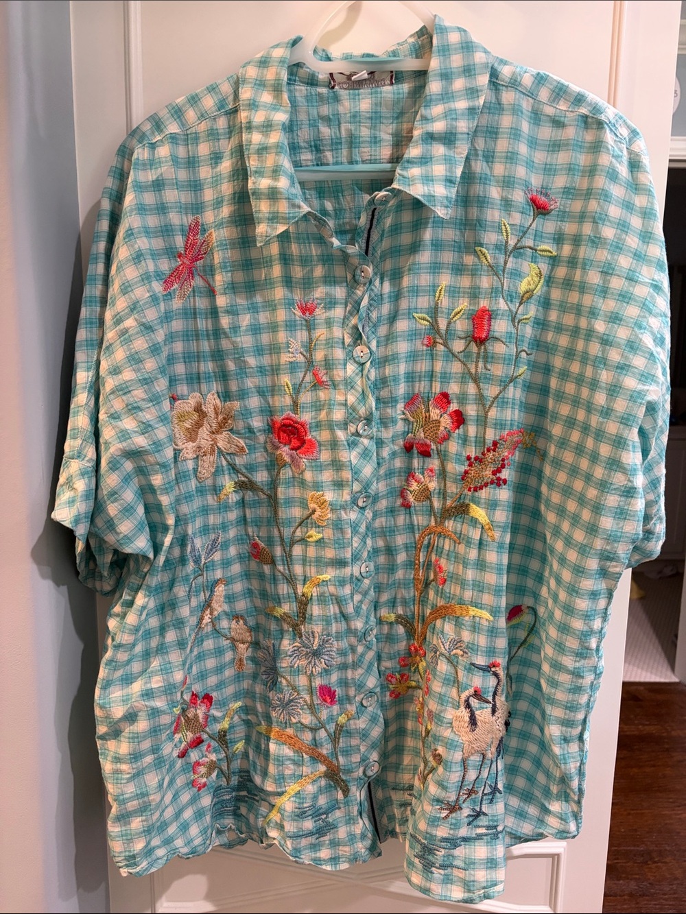 Johnny Was Turquoise Gingham Embroidered Button-Up Blouse XL NWOT